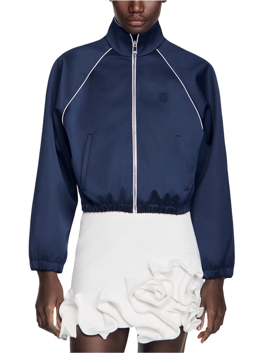 Sandro Cropped Navy Bomber Jacket With Contrast Piping